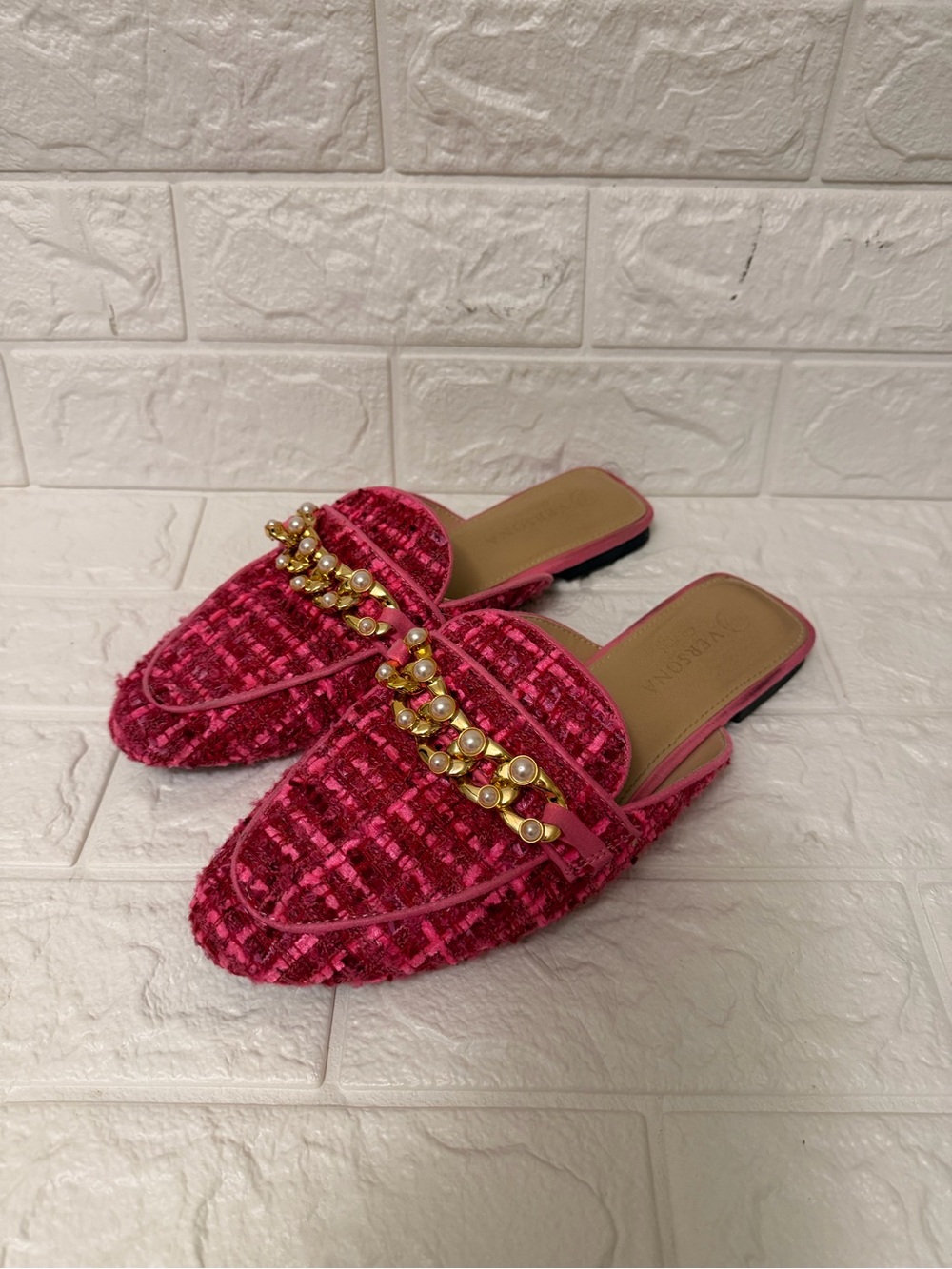 Versona Hot Pink Tweed Pearl & Gold-Chain Slide Mules